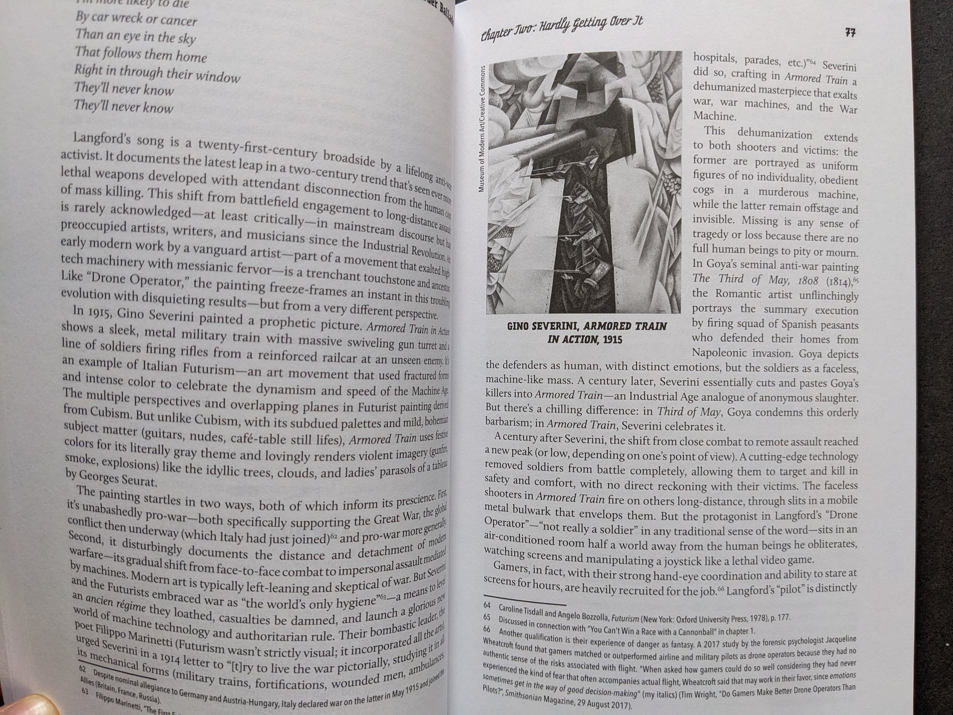 Page with an analysis of Jon Langford’s music and a reproduction of Gino Severini’s Armored Train in Action.