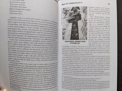 Page with an analysis of Jon Langford’s music and a reproduction of Gino Severini’s Armored Train in Action.