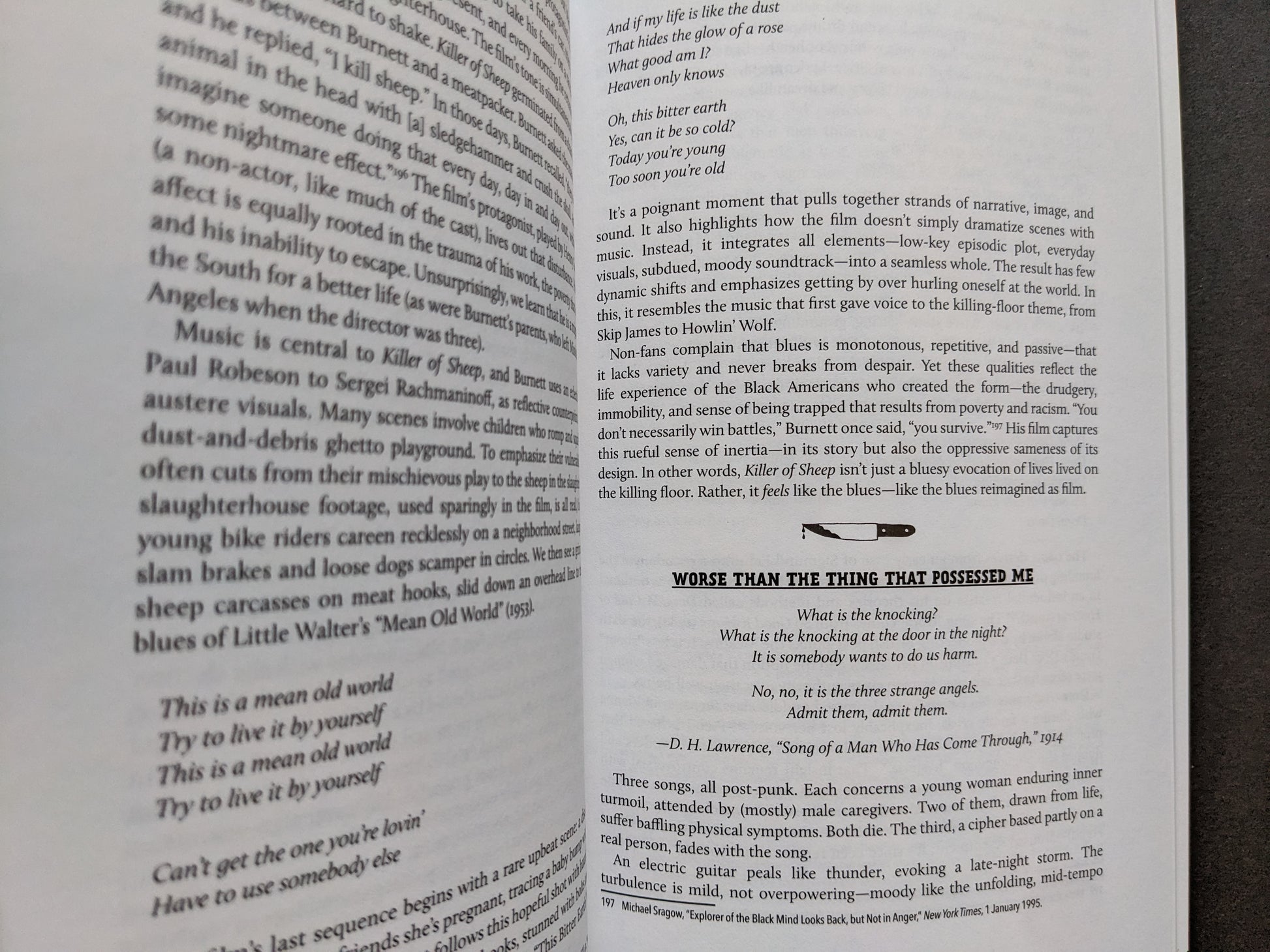 Page titled Worse Than the Thing That Possessed Me exploring blues influences and D.H. Lawrence quotes.