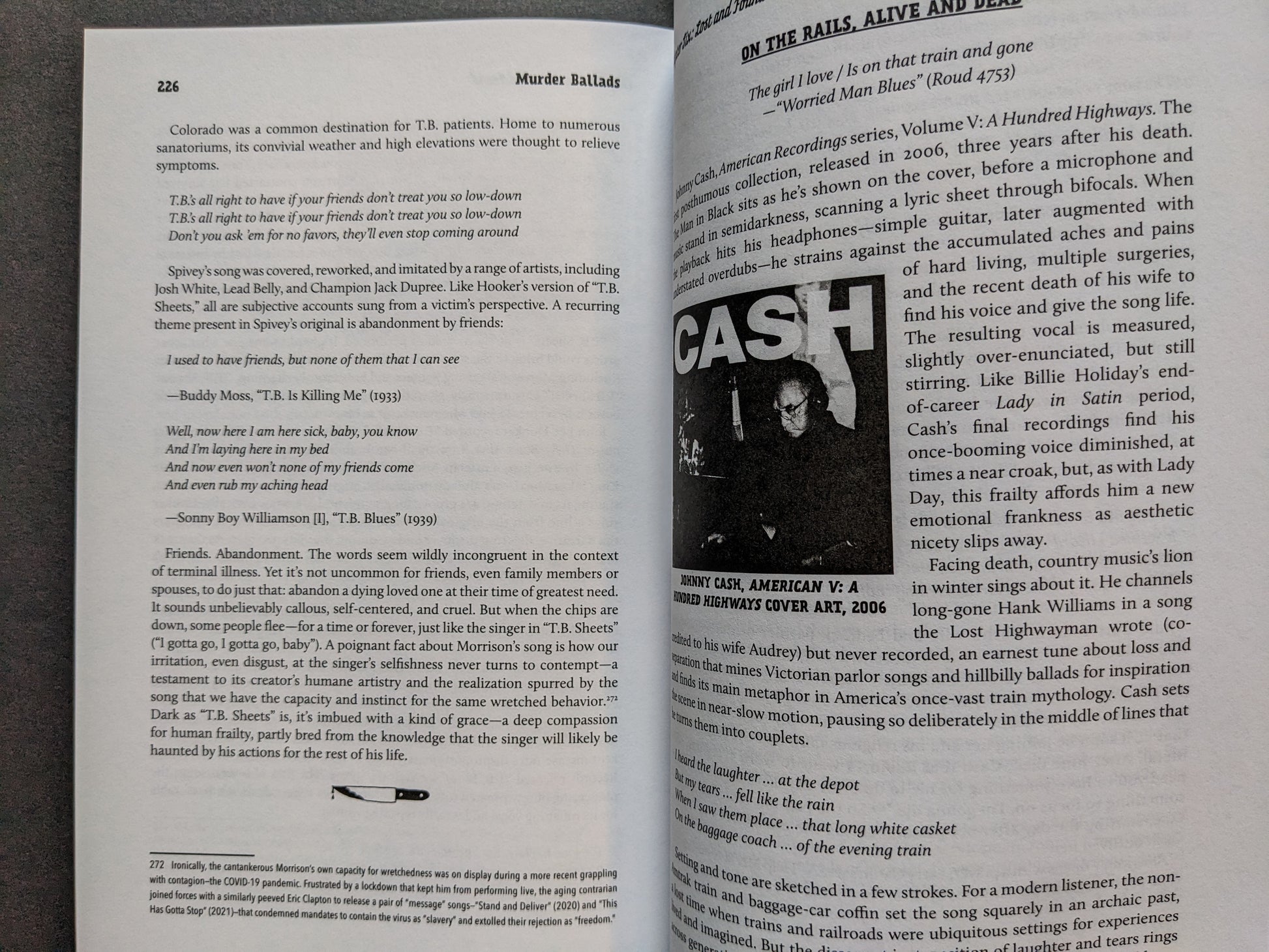 Page discussing tuberculosis-themed blues lyrics and Johnny Cash’s late-career album American V: A Hundred Highways.