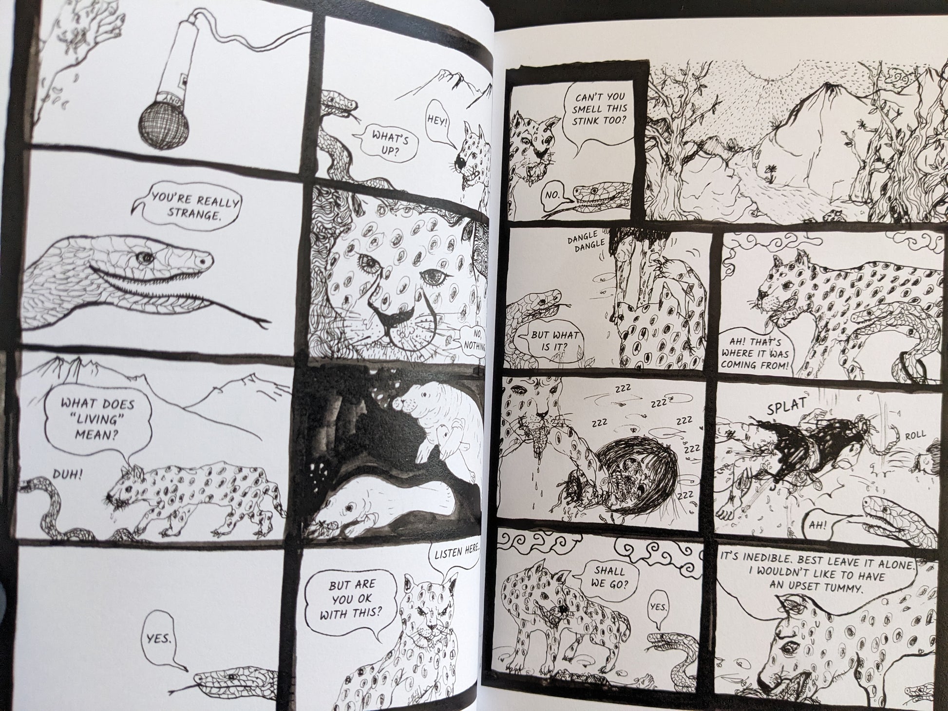Comic sequence with talking snakes, leopards, and surreal dialogue in a strange forest environment.