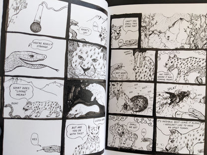 Comic sequence with talking snakes, leopards, and surreal dialogue in a strange forest environment.