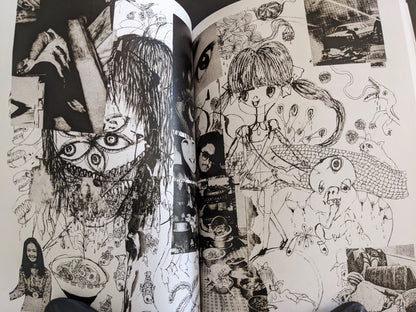 Chaotic collage of mutated figures, girls, eyes, dishes, and surreal motifs in a fragmented black-and-white composition.