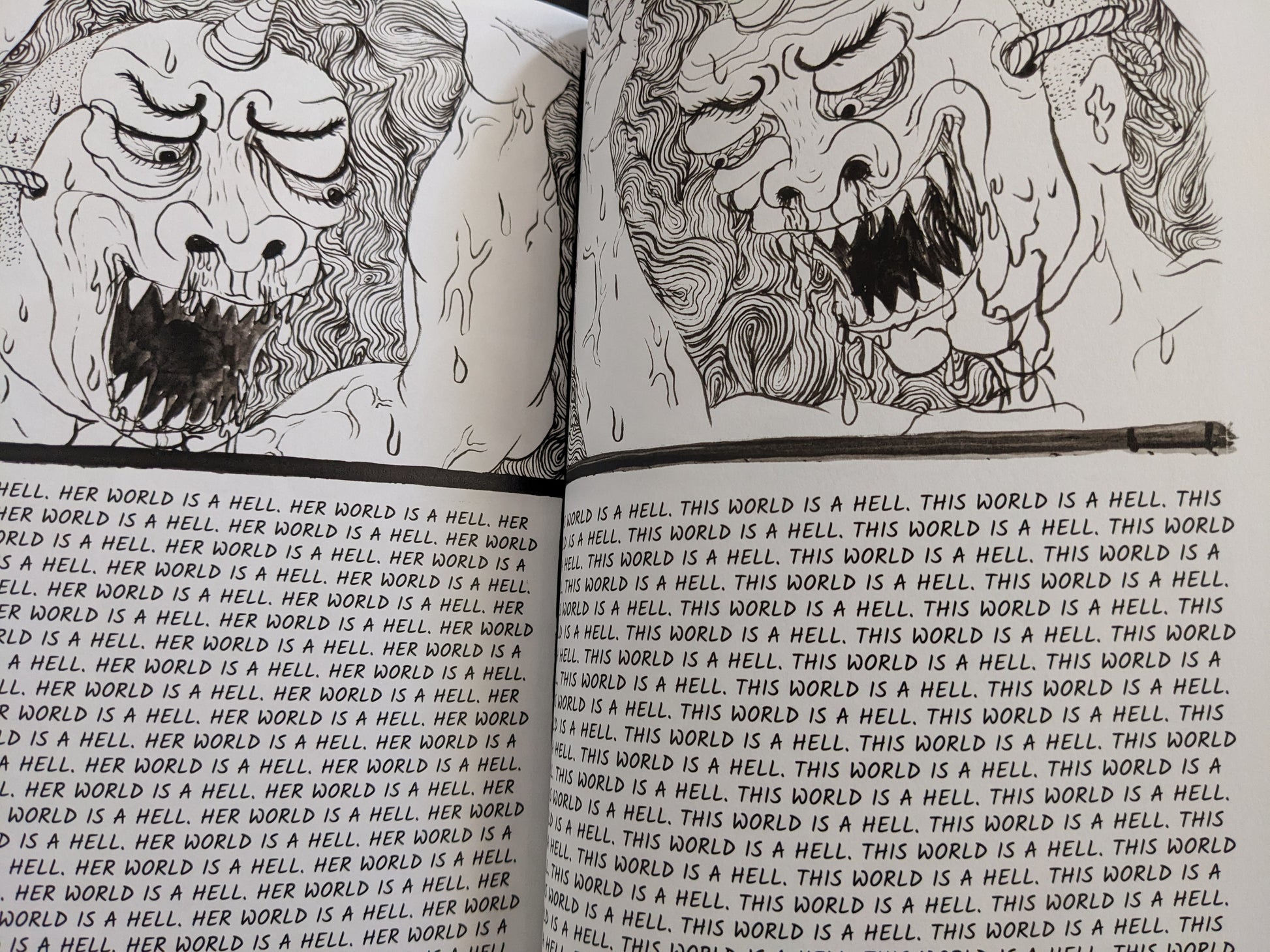 Intense close-ups of grotesque demon faces accompanied by a repetitive text wall: "This world is a hell."