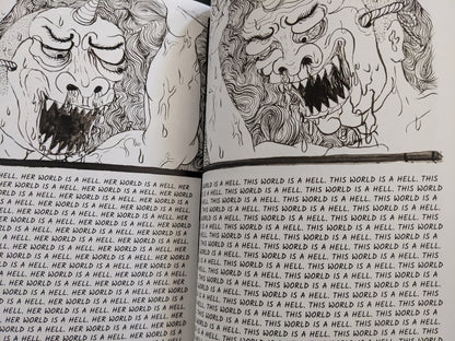Intense close-ups of grotesque demon faces accompanied by a repetitive text wall: "This world is a hell."