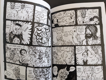 Panel grid with chaotic scenes of violence, grotesque demons, and unsettling dialogue in a dark surrealist tone.