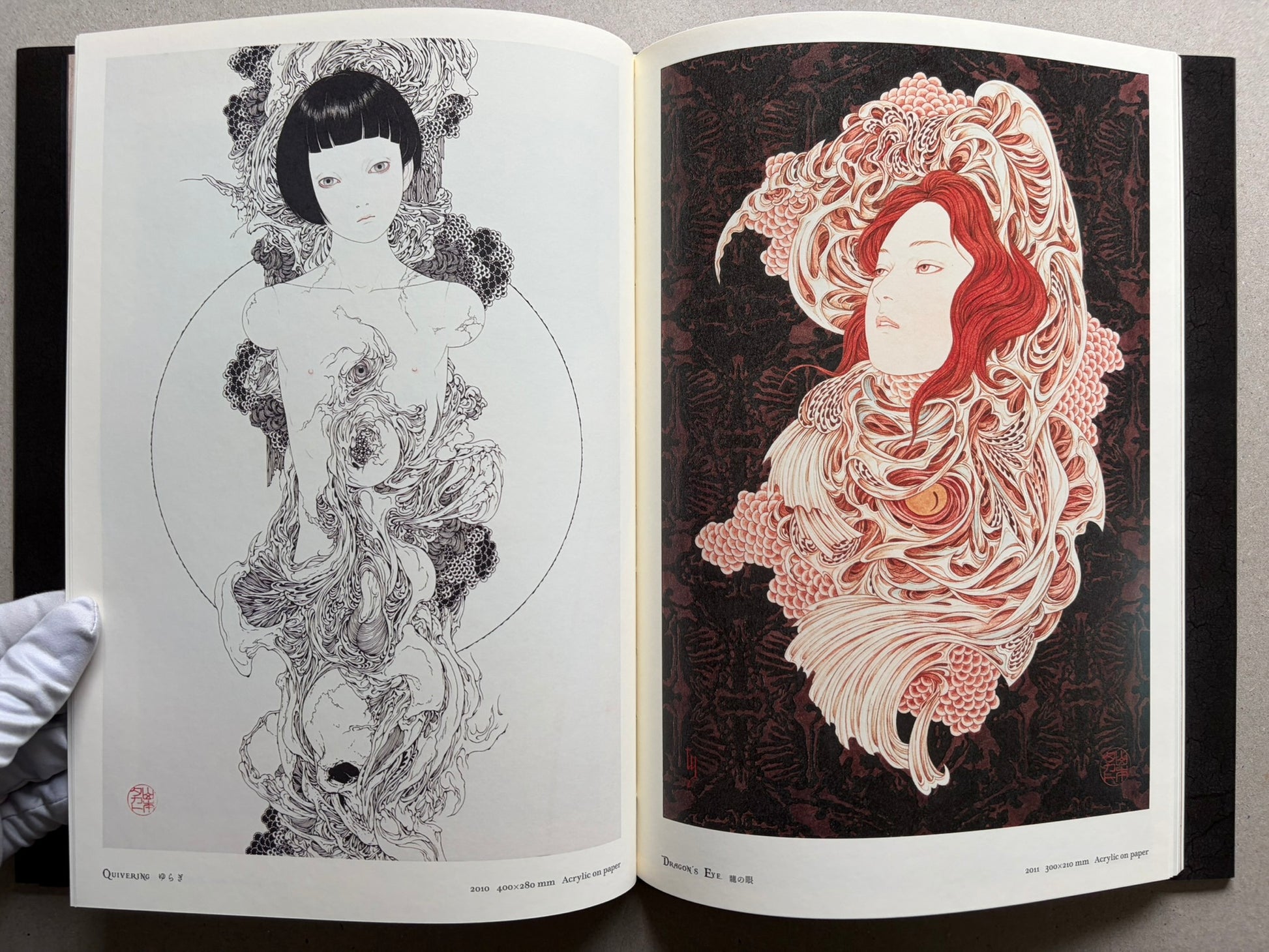Necrophantasmagoria Vanitas by Takato Yamamoto, spread showing two finished colour artworks.