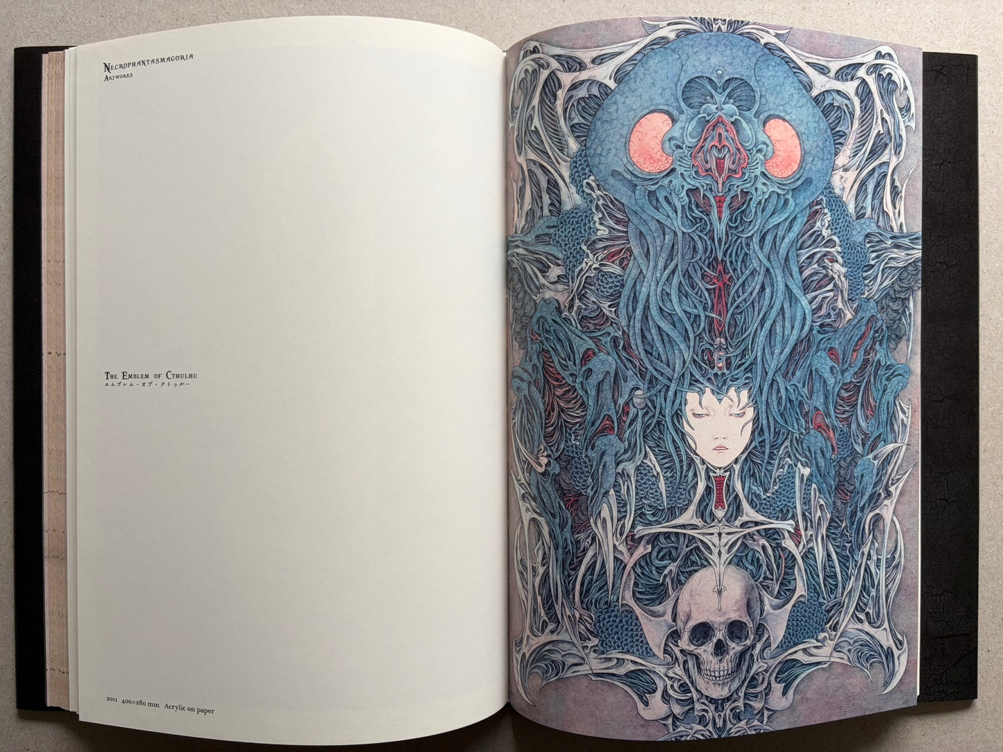 Necrophantasmagoria Vanitas by Takato Yamamoto, spread showing a finished colour artwork titled The Emblem of Cthulhu.