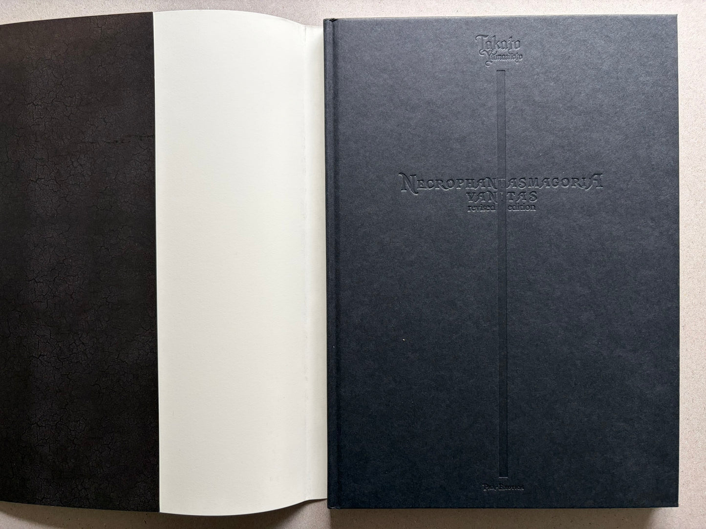 Necrophantasmagoria Vanitas by Takato Yamamoto, open to the front endpapers and embossed title page.