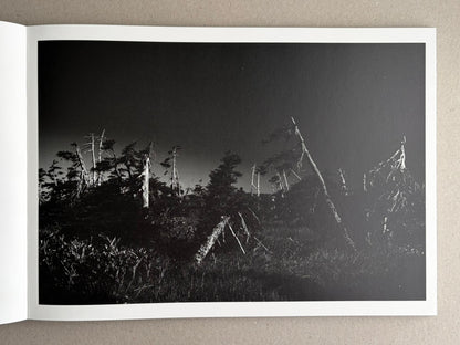 Open book spread showing a black-and-white landscape photograph from New Land: Pre-Hokkaido Landscapes by Toshiki Nakanishi, with sparse trees and dark sky.