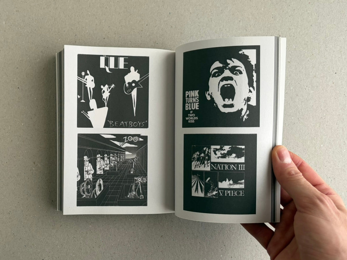 Open spread from New Wave / Post-Punk Graphics (1980-2000) with black-and-white tape and vinyl graphics