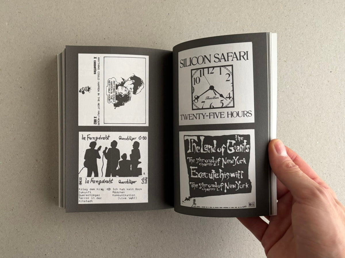 Open spread from New Wave / Post-Punk Graphics (1980-2000) with black-and-white cassette and sleeve artwork