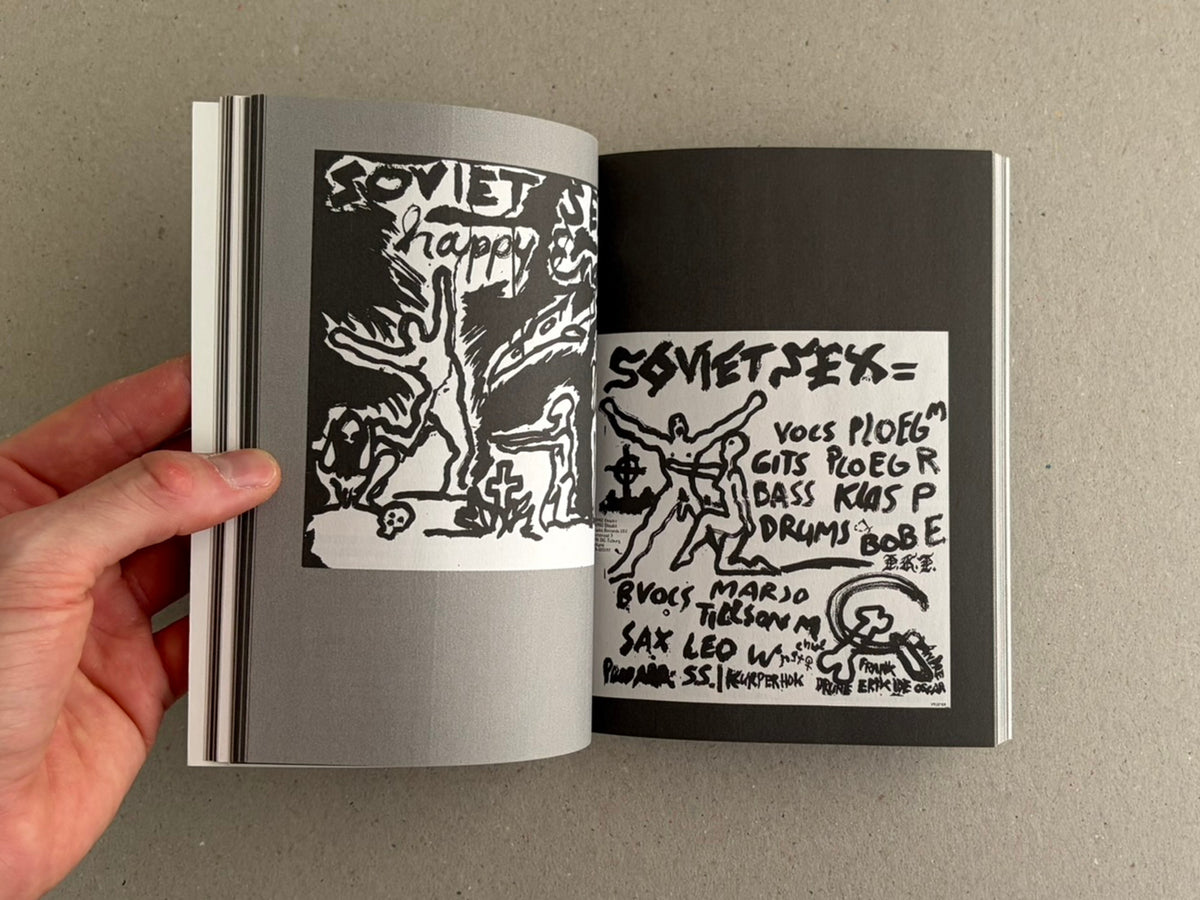 Open spread from New Wave / Post-Punk Graphics (1980-2000) with hand-drawn black-and-white graphics
