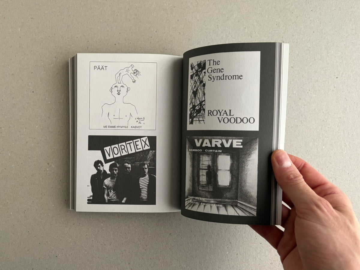 Open spread from New Wave / Post-Punk Graphics (1980-2000) with black-and-white poster-style graphics