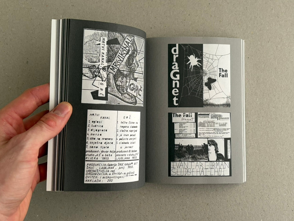 Open spread from New Wave / Post-Punk Graphics (1980-2000) with collage-style black-and-white graphics