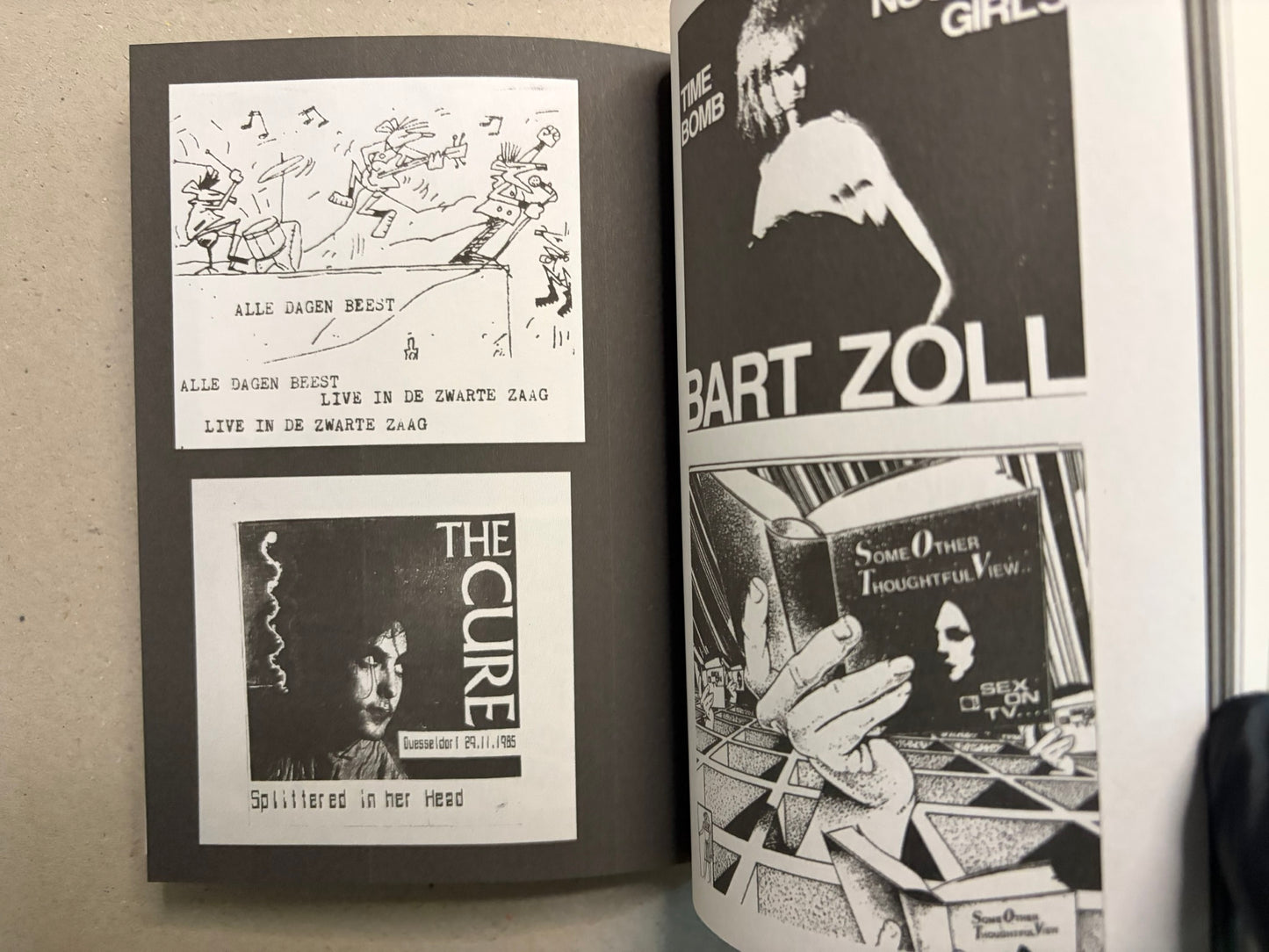 Open spread with black-and-white graphics and cut-out layouts, including Alle Dagen Beest, The Cure, and Bart Zoli.