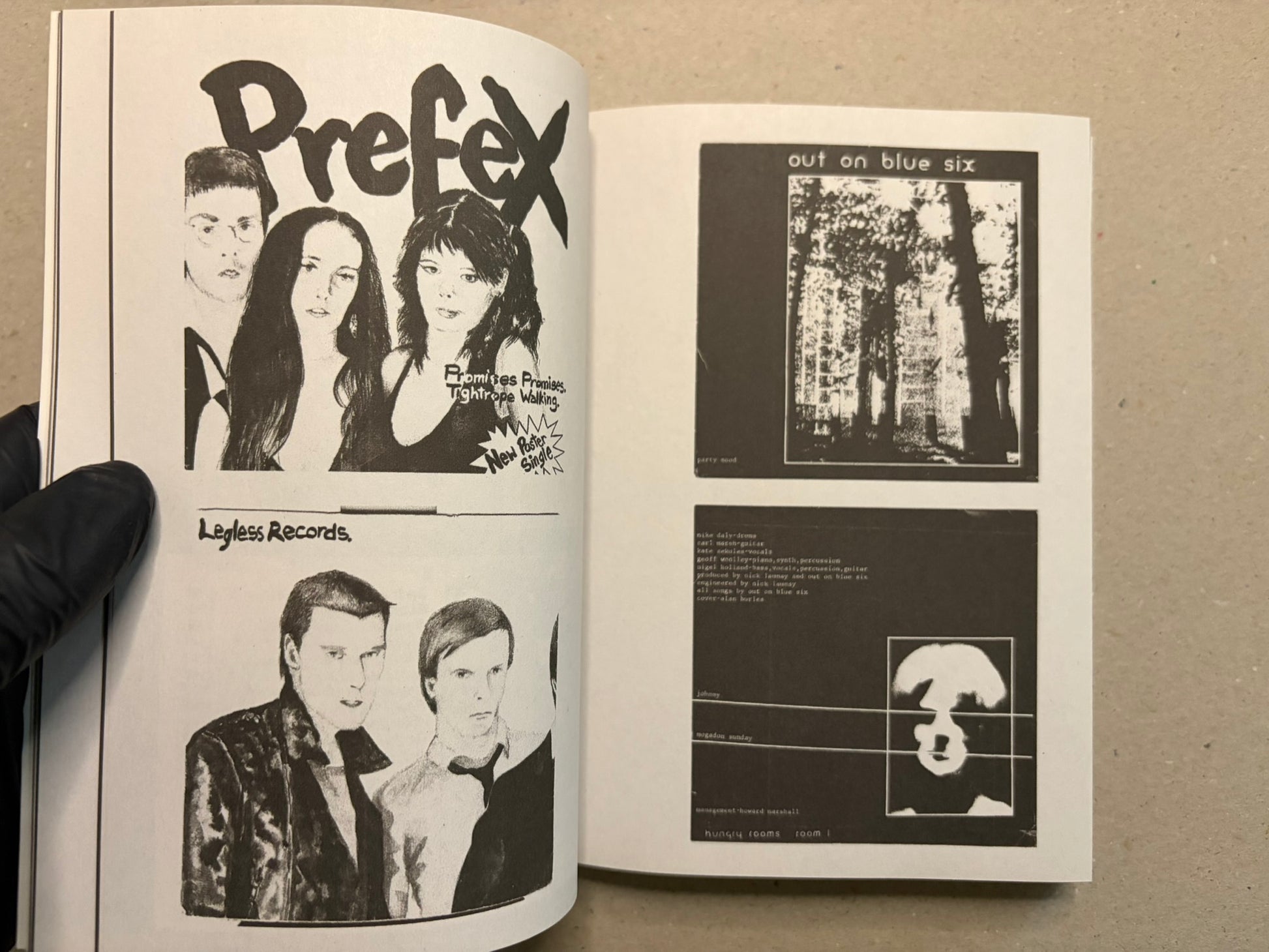 Open spread with poster-style and record-cover reproductions, including bold lettering and portrait imagery.