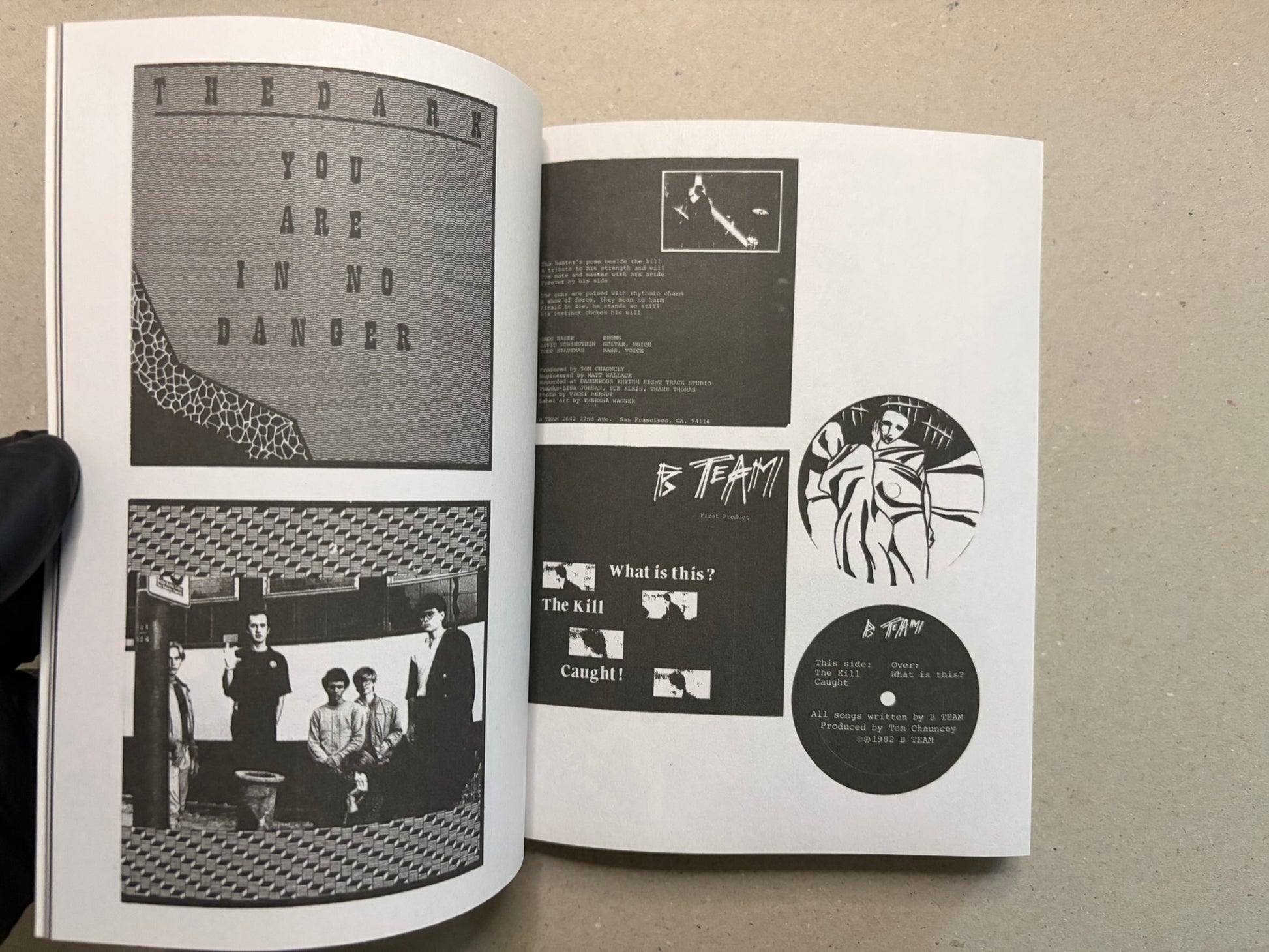 Open spread of New Wave / Post-Punk Graphics (1980-2000) with black-and-white reproductions of tape and vinyl graphics.