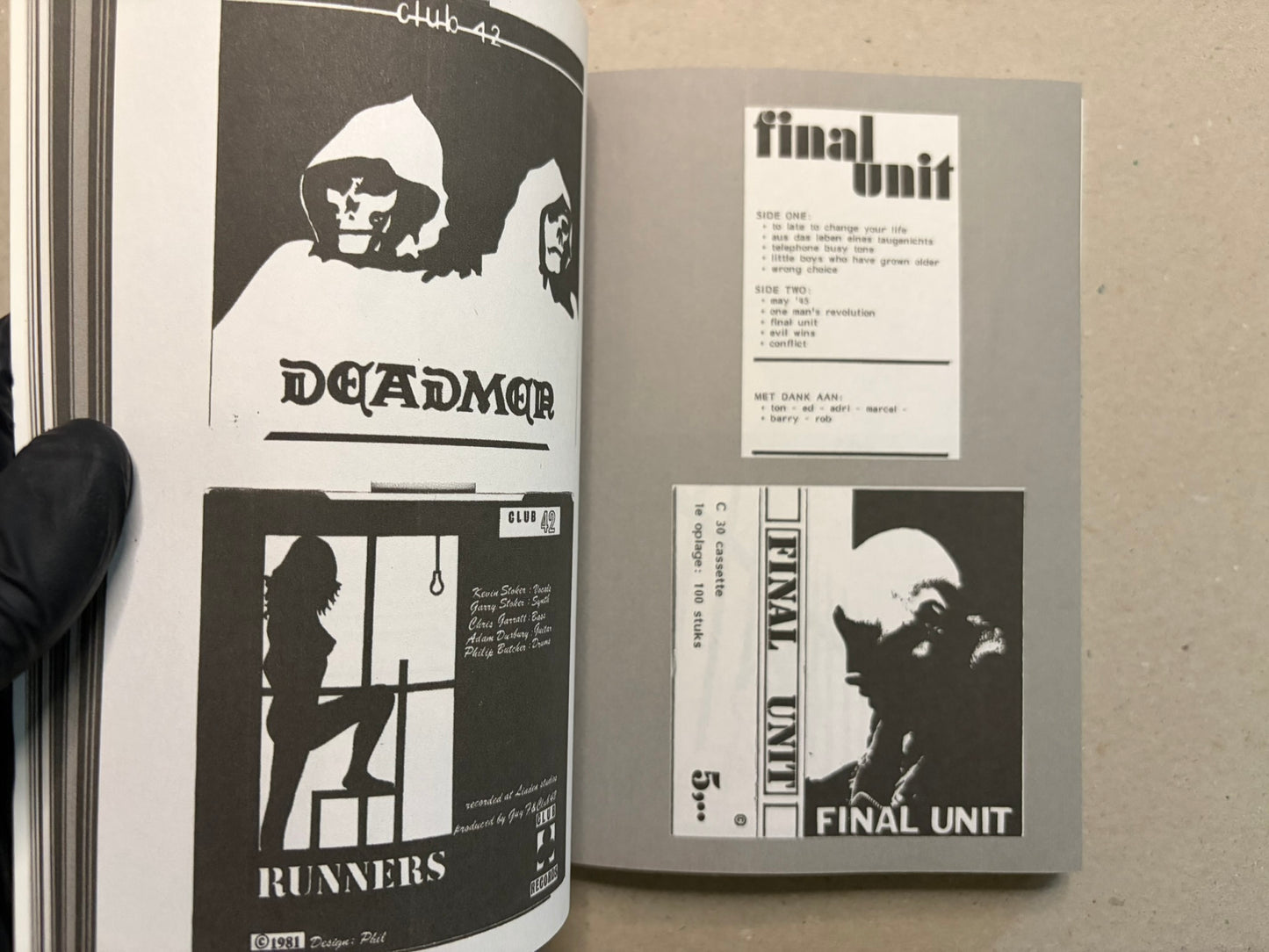 Open spread with stark black-and-white punk and post-punk graphics, including Dead Moon and Club 42 artwork.