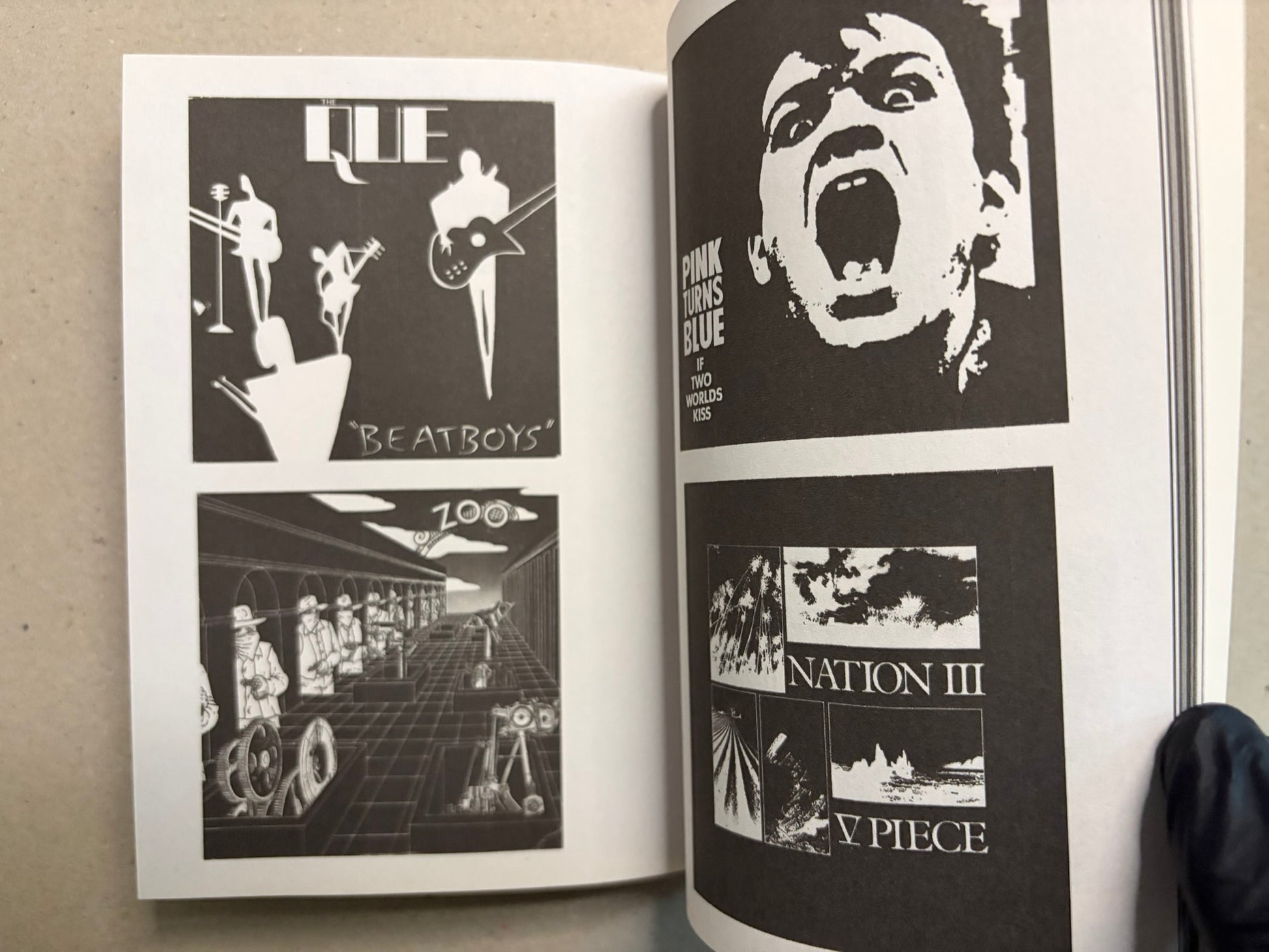 Open spread with bold poster graphics and high-contrast portraits, including Beatboys, Pink Turns Blue, and Nation III.