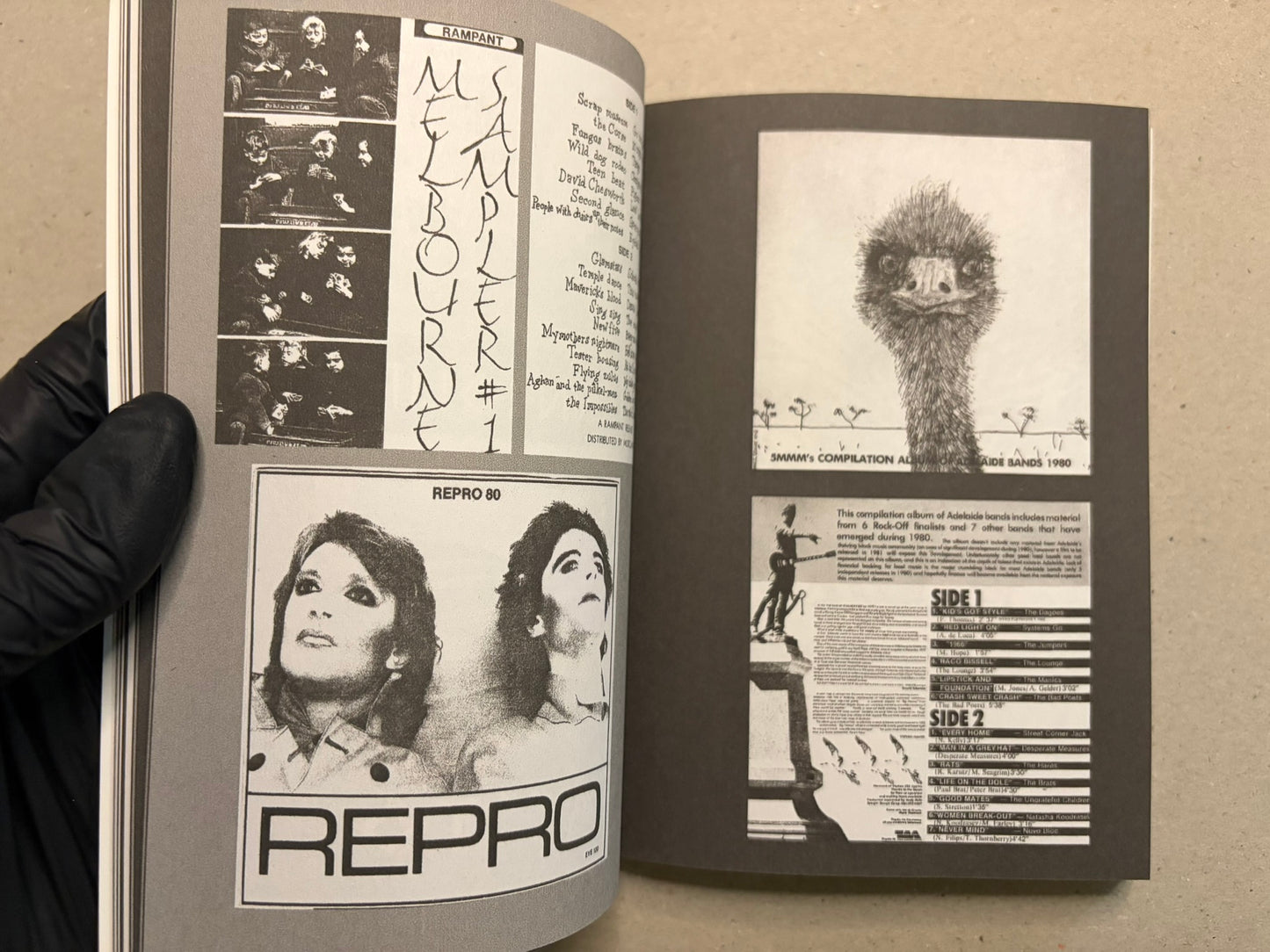 Open spread with monochrome cover art, including Rampant, Repro 80, and Final Unit graphics.