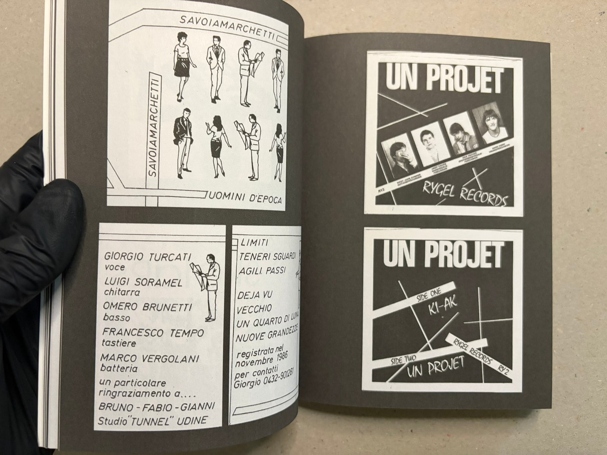 Open spread with cassette and record artwork layouts, including the titles Savoiamarchetti and Un Projet.