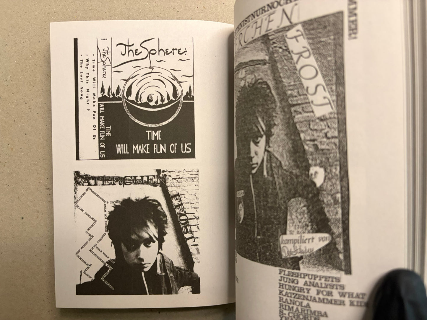 Open spread with minimalist black-and-white graphics, including The Sphere, Waterglen, and a tall vertical collage.
