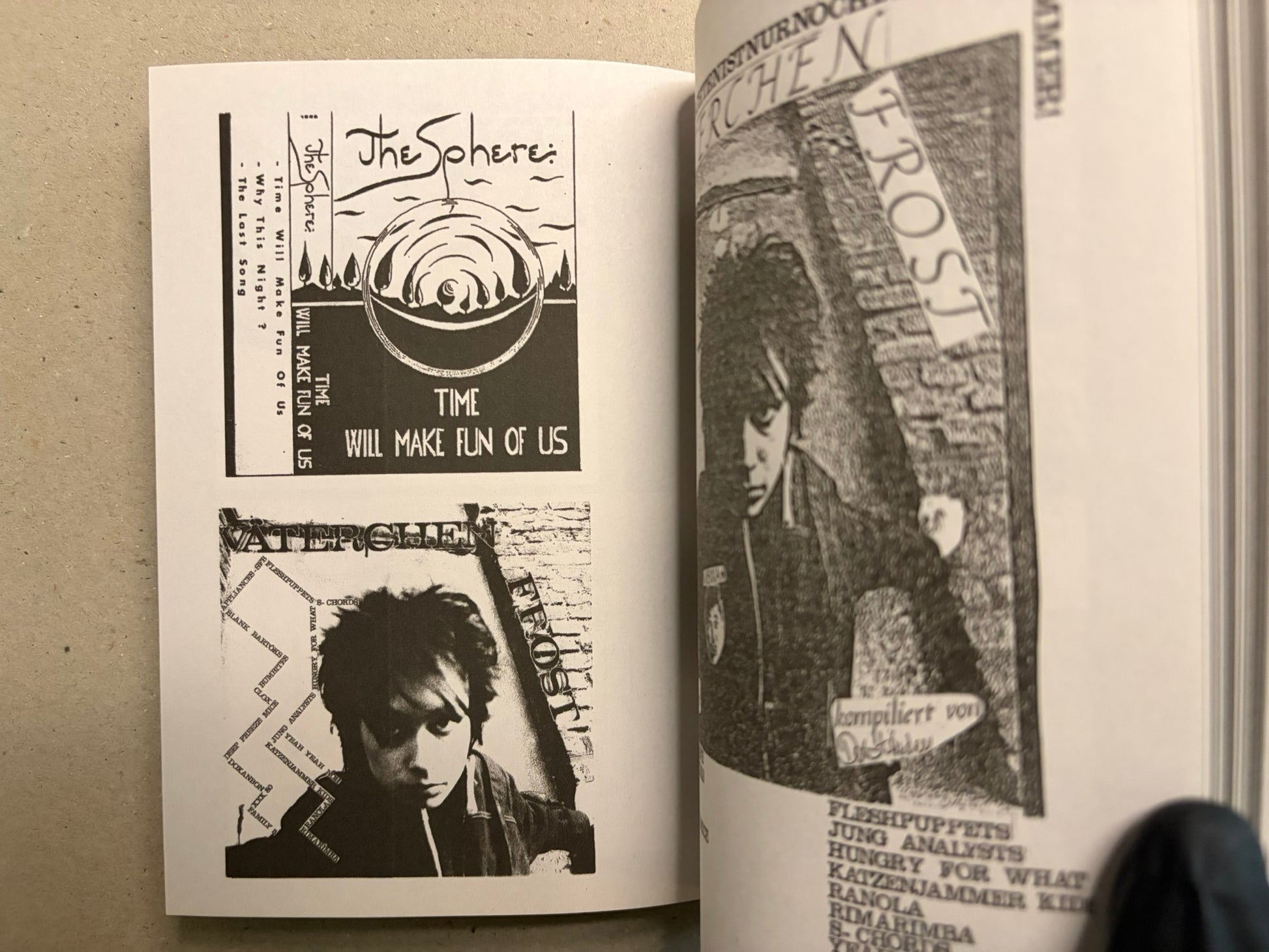Open spread with minimalist black-and-white graphics, including The Sphere, Waterglen, and a tall vertical collage.
