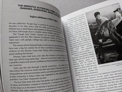 Black and white still of a man in a fight scene and text on the life of Yujiro Ishihara, a major Nikkatsu actor.
