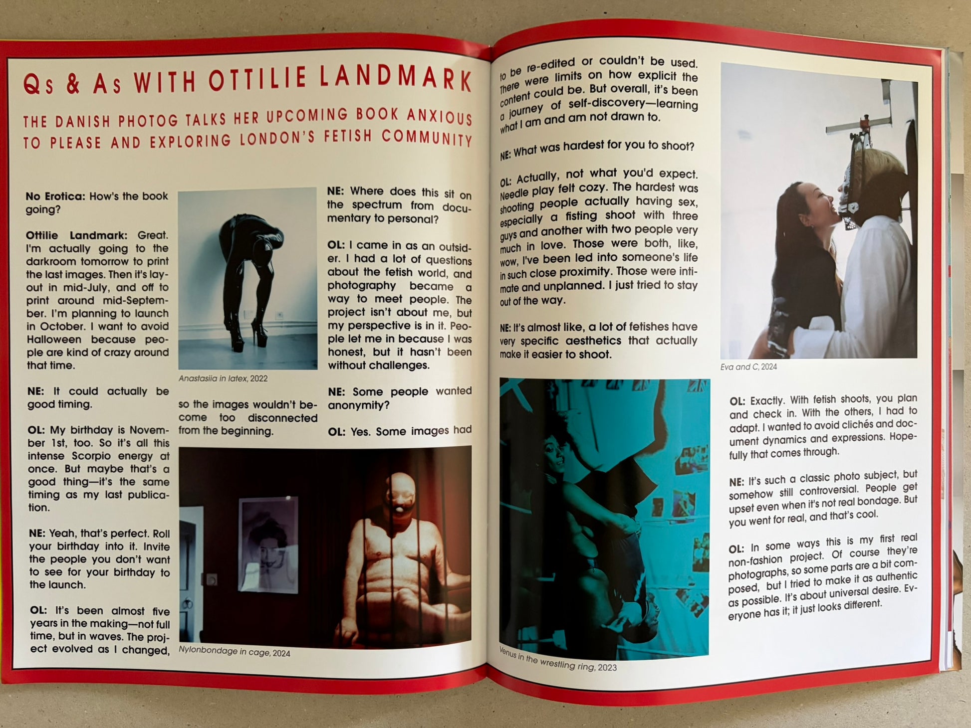 No Erotica No. 5 open to an interview spread with text and small inset photos