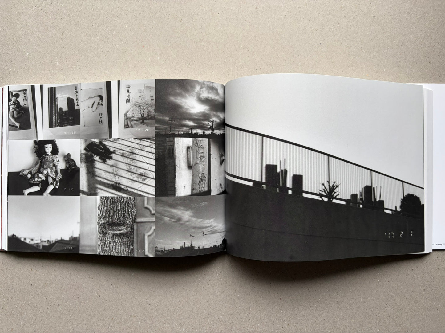 Nobuyoshi Araki, Sentimental Journey 1971–2017, open spread with black-and-white collage and a large landscape photograph