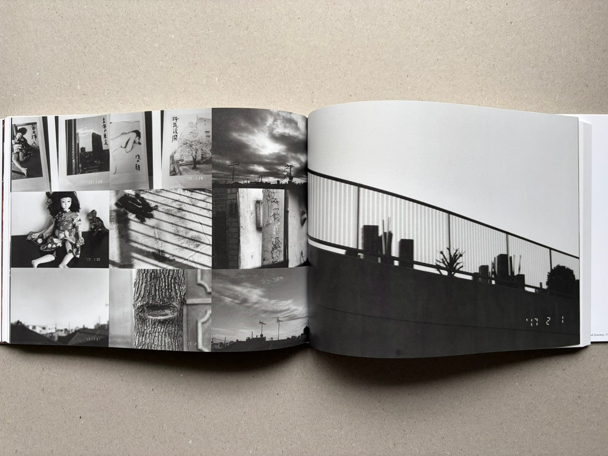 Nobuyoshi Araki, Sentimental Journey 1971–2017, open spread with black-and-white collage and a large landscape photograph