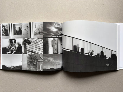 Nobuyoshi Araki, Sentimental Journey 1971–2017, open spread with black-and-white collage and a large landscape photograph