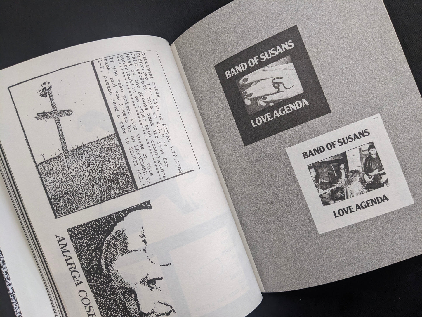 Interior spread featuring underground cover designs including Band of Susans and related ephemera.