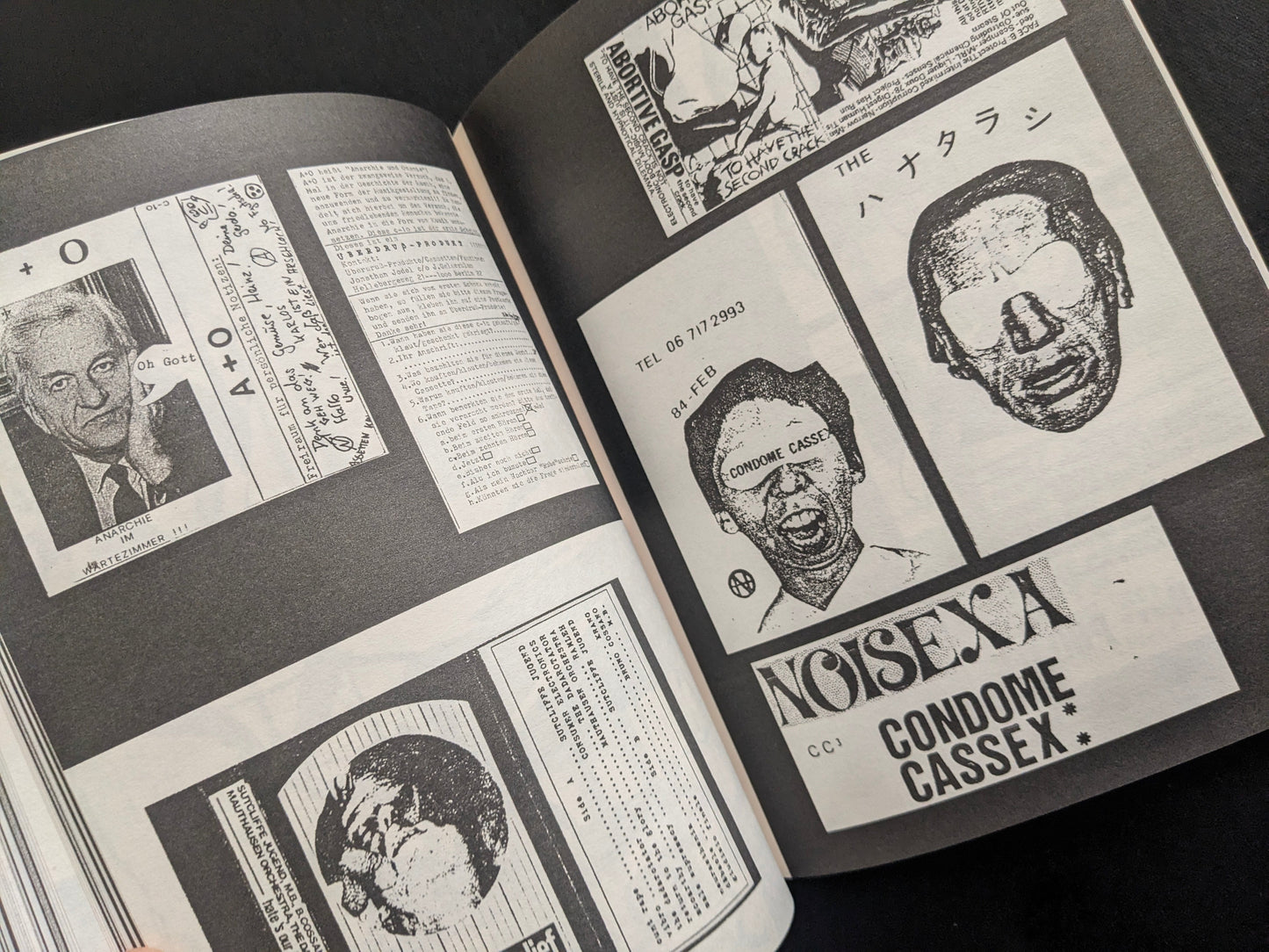 Interior spread with dense collage, DIY typography, and cut-and-paste noise ephemera.