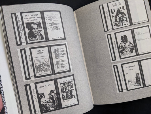 Interior spread showing monochrome miniatures of record and cassette covers arranged in a grid.