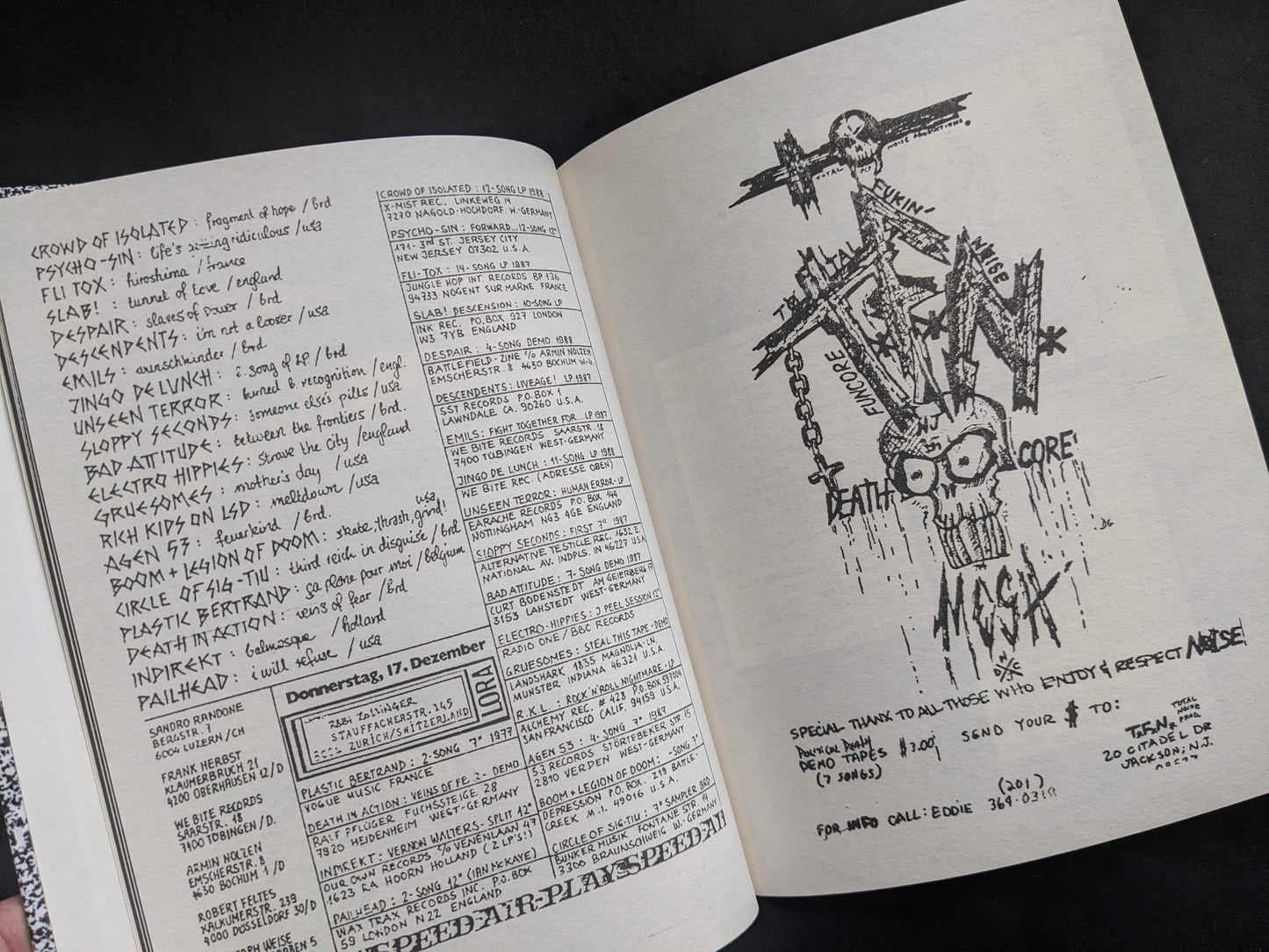 Interior spread with handwritten listings and a stark DIY illustration in photocopy style.