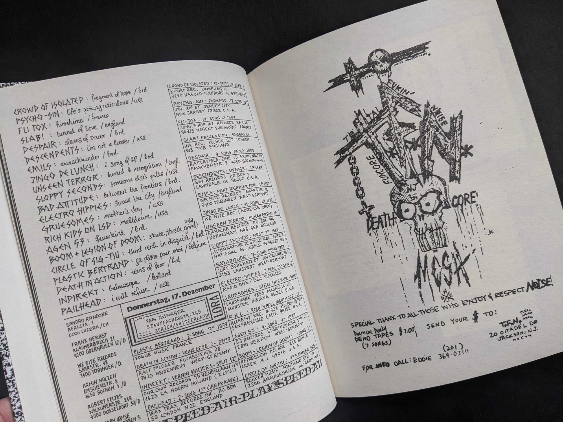 Interior spread with handwritten listings and a stark DIY illustration in photocopy style.