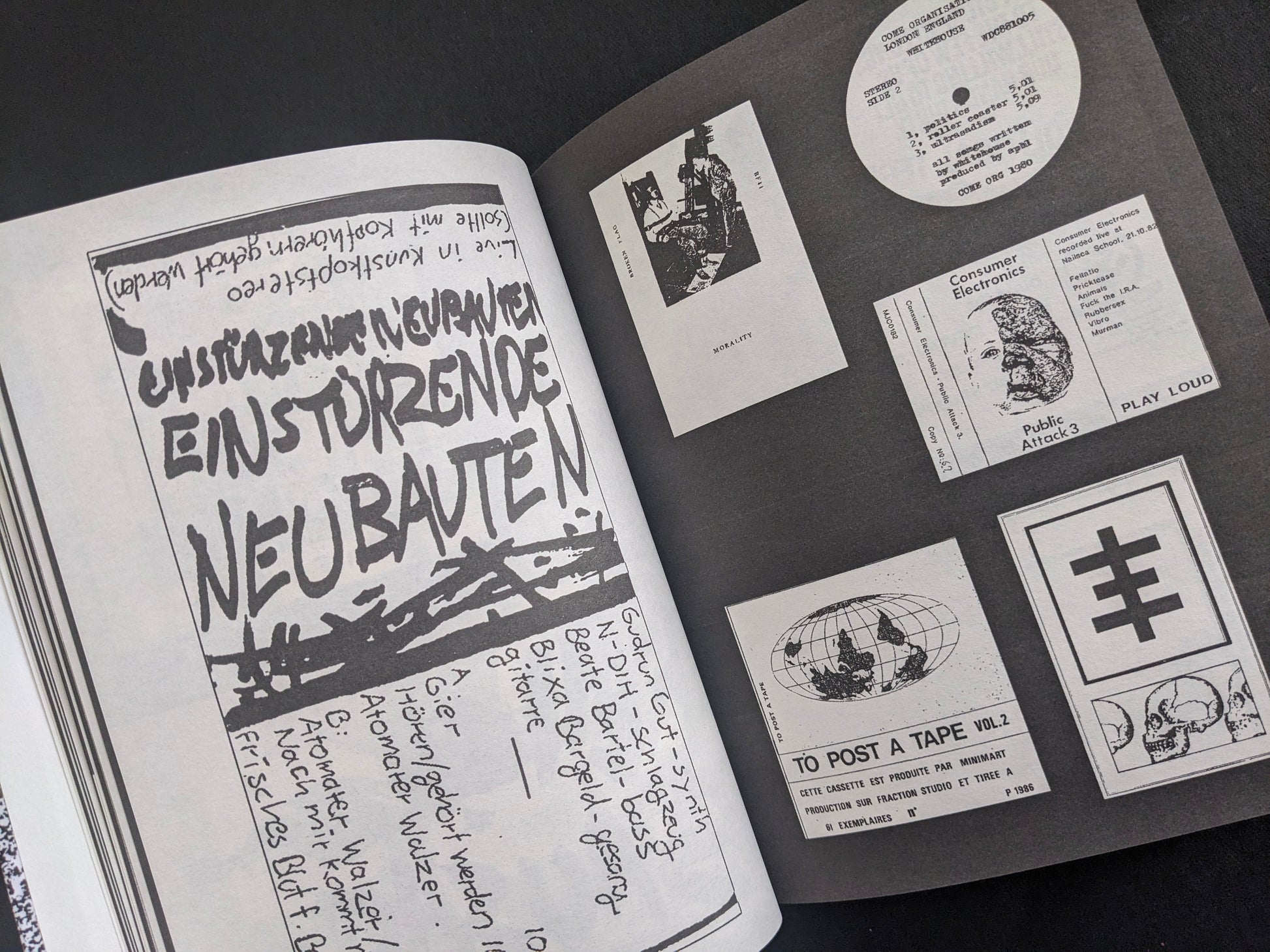 Interior spread with xeroxed layouts referencing Neubauten-era graphics and mail-order/zine materials.