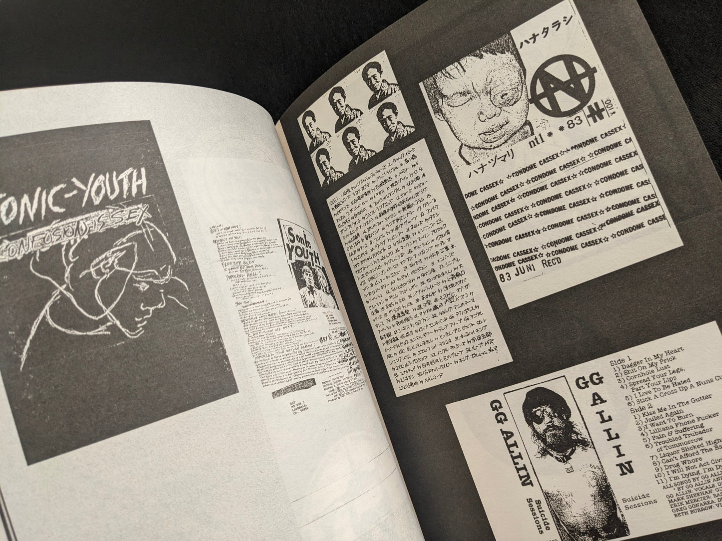 Interior spread featuring Sonic Youth-related graphics and monochrome collage reproduction.