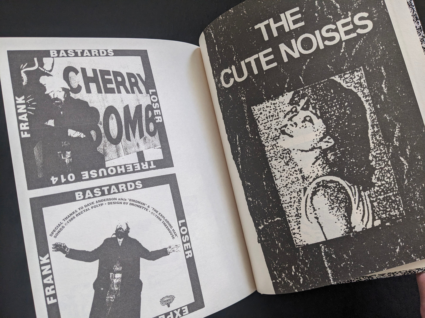 Interior spread with a large “THE CUTE NOISES” graphic and punk-era cover reproductions.