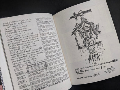 Interior spread with handwritten listings and a photocopy-style DIY illustration.