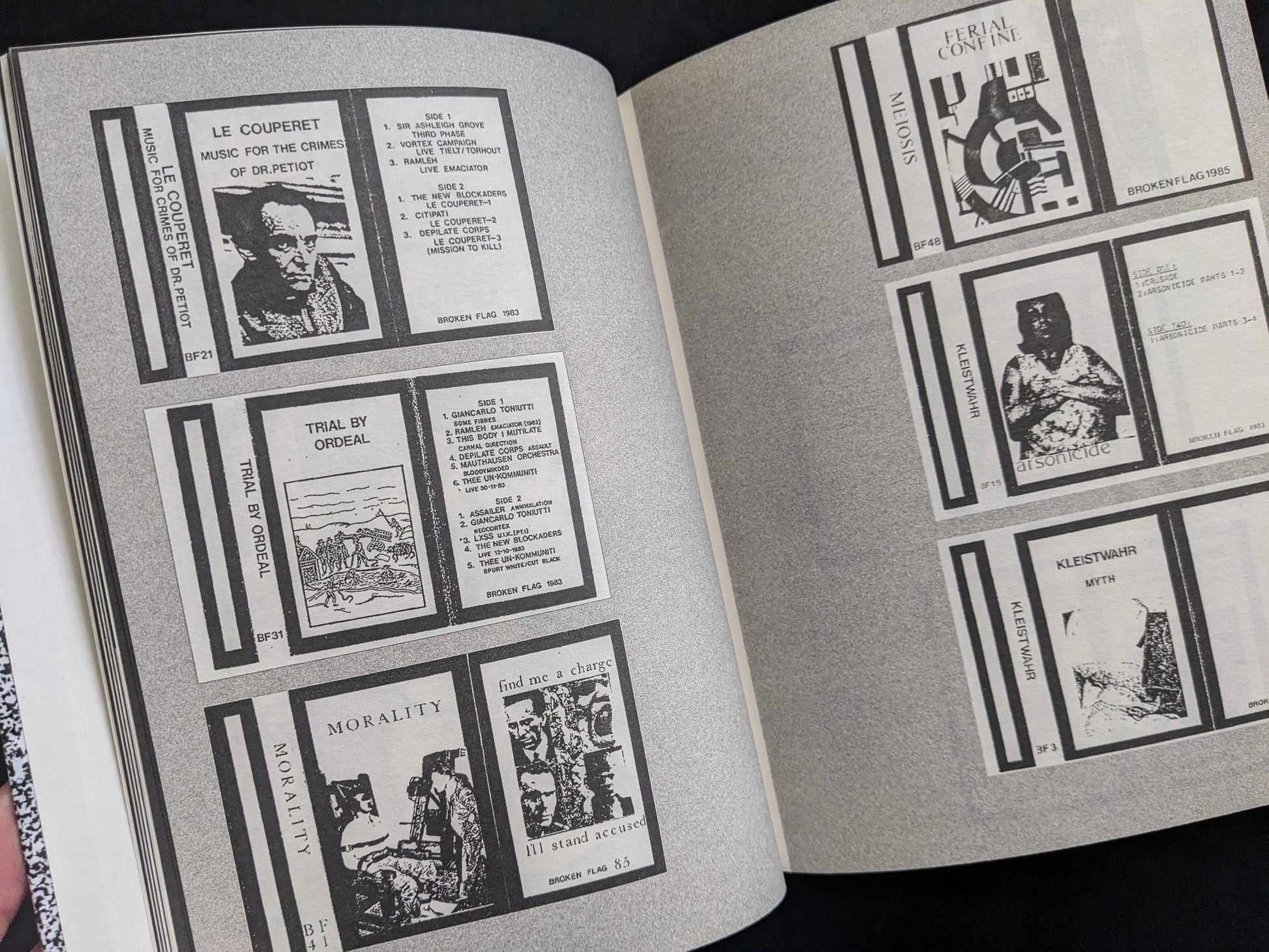 Interior spread of monochrome record and cassette cover miniatures arranged in a grid.