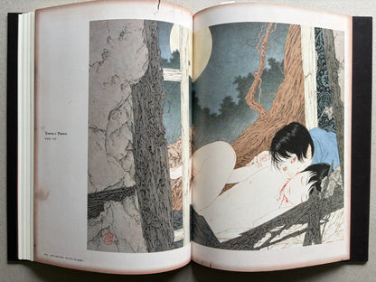 NOSFERATU by Takato Yamamoto, page spread displaying a Japanese ukiyo-e woodblock print with a reclining figure, tree trunk, and pale moonlit sky.