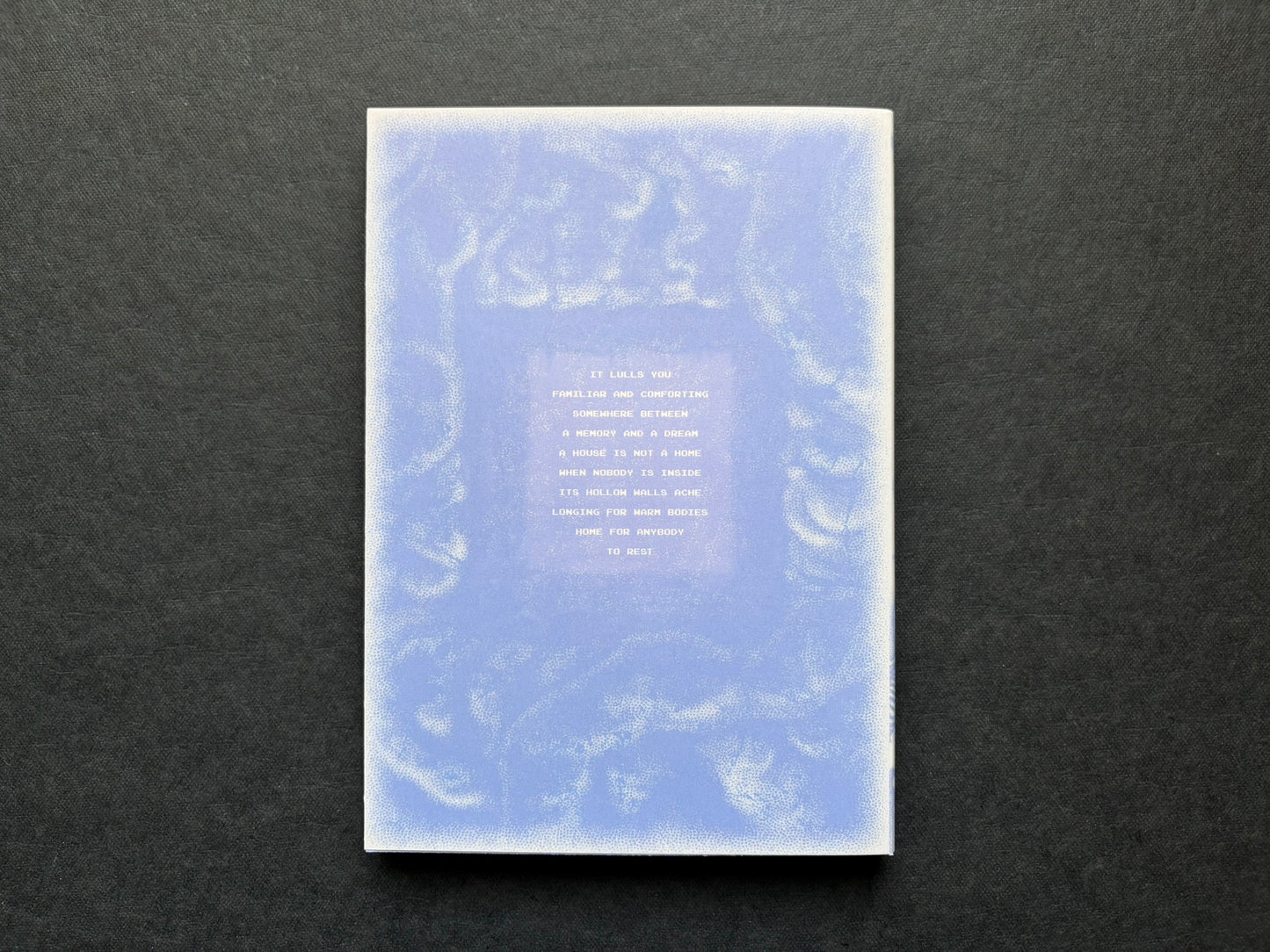 Back cover of Nostalgia Nest - The Salamander King, with pale blue text on a translucent printed jacket