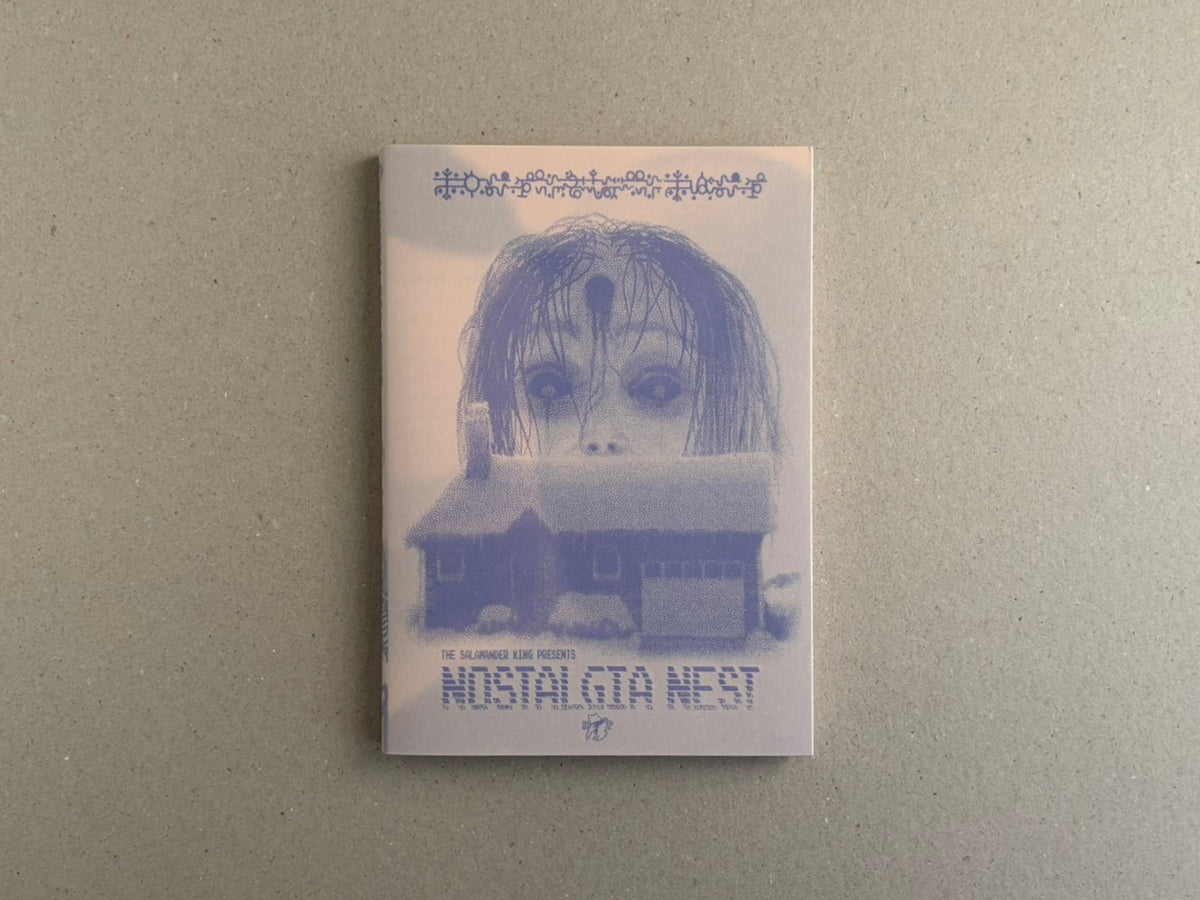 Front cover of Nostalgia Nest – The Salamander King, showing a blue-toned face above a small house illustration.