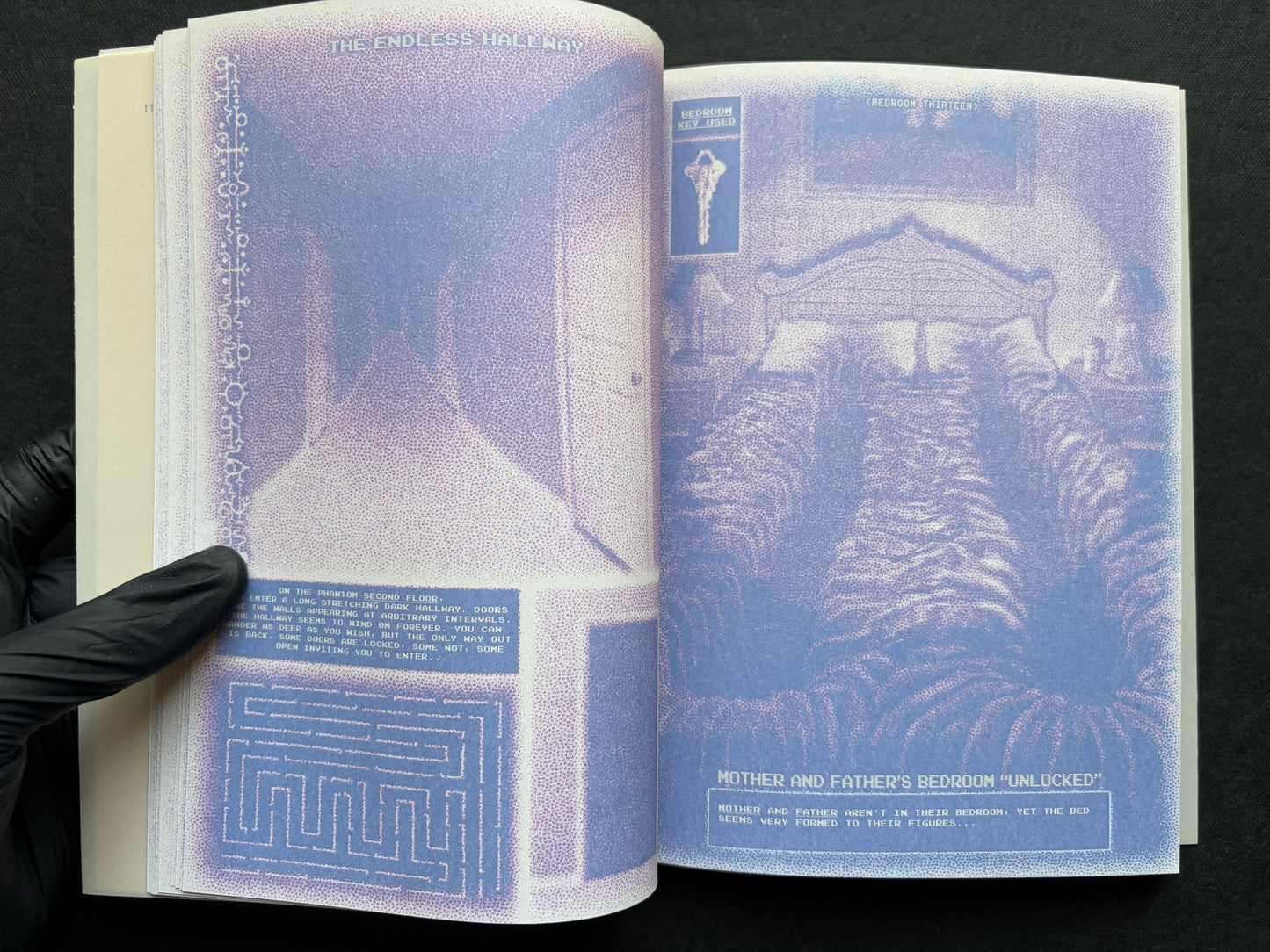 Interior spread of Nostalgia Nest - The Salamander King with the headings 'The Endless Hallway' and 'Mother and Father's Bedroom'