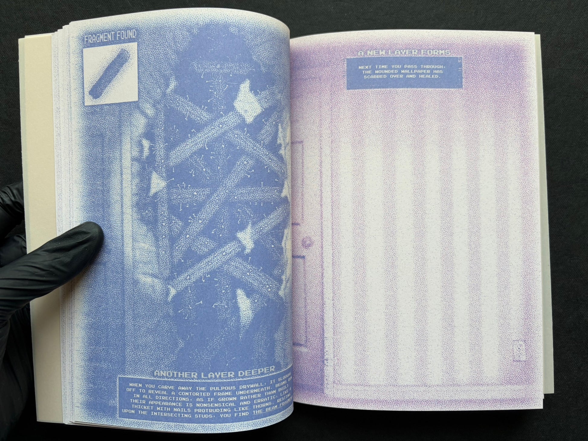 Interior spread of Nostalgia Nest - The Salamander King with the headings 'Fragment Found' and 'A New Layer Forms'