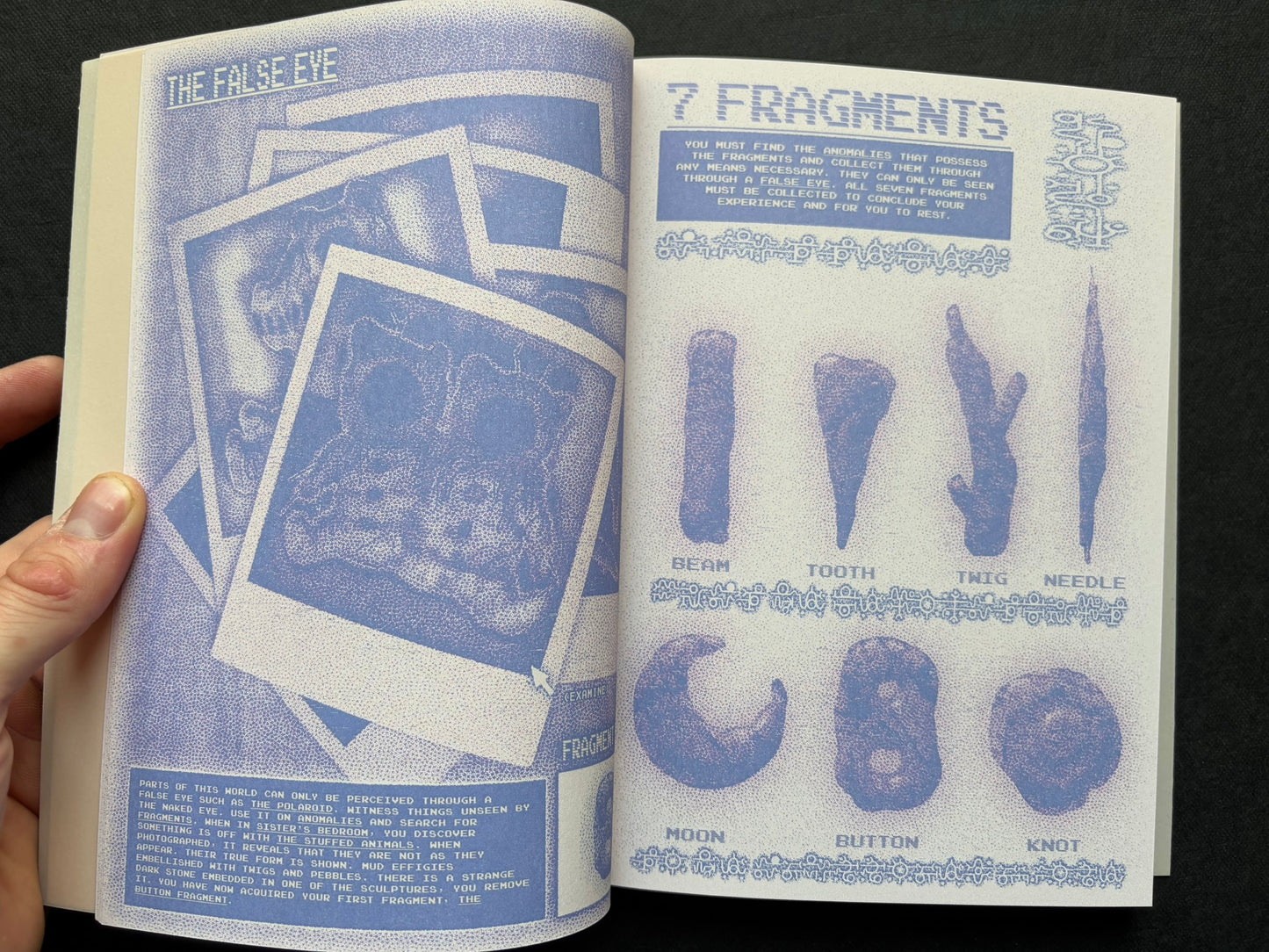 Interior spread of Nostalgia Nest - The Salamander King with the heading 'The False Eye' and fragment illustrations