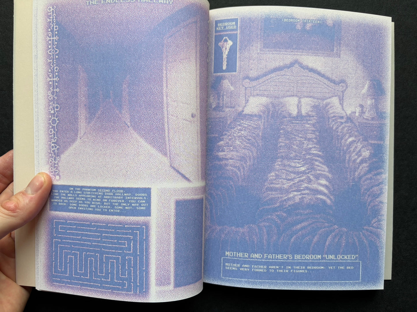 Interior spread of Nostalgia Nest - The Salamander King with the heading 'The Endless Hallway' and bedroom scenes